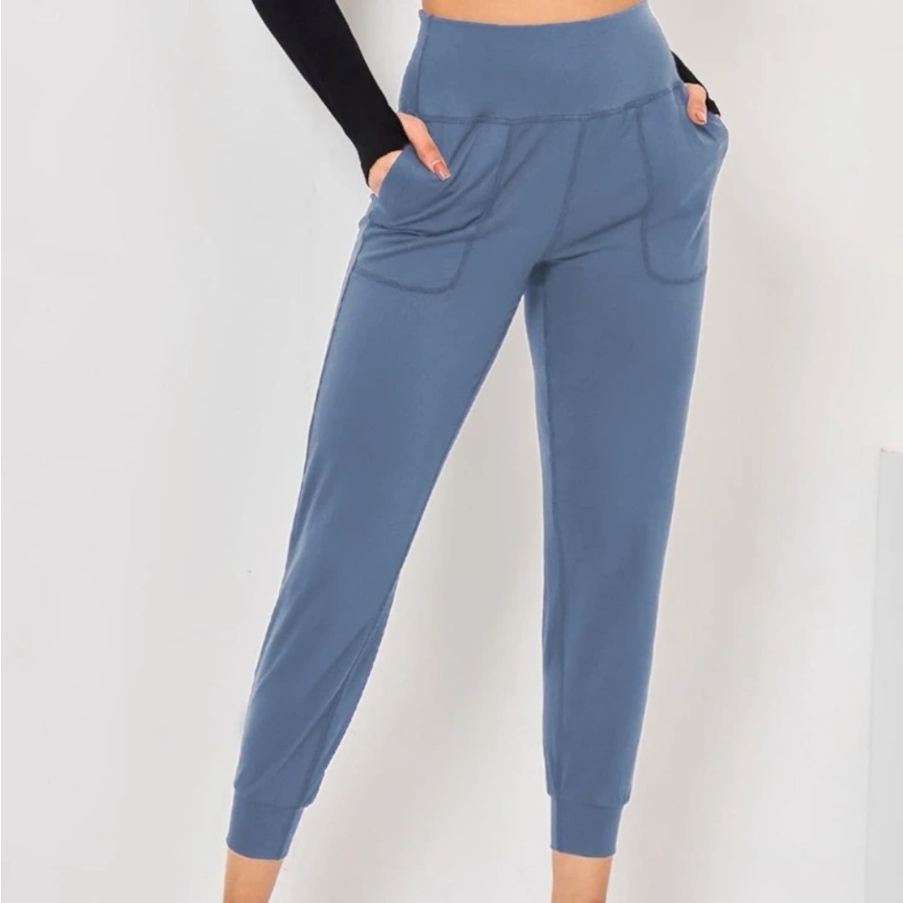 SHEIN breathable softness wide waistband slant pocket sport pants leggings blue - Picture 1 of 6